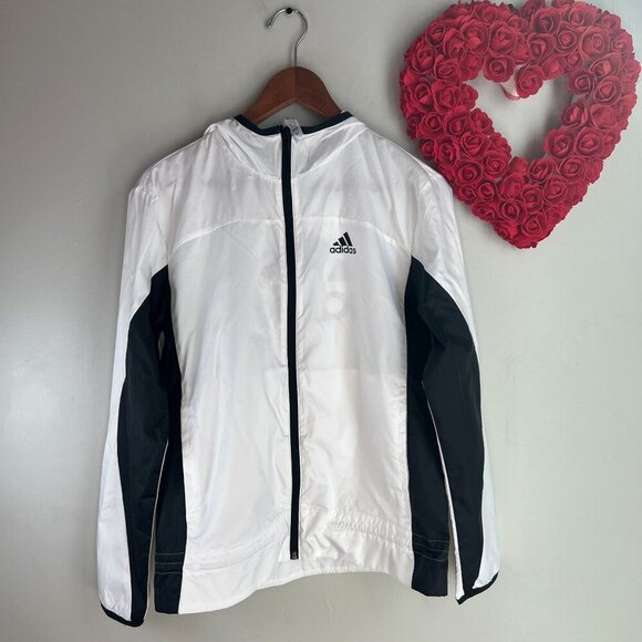 adidas Women's Logo Running Windbreaker Hoodie XS Black White HF2149 - Picture 1 of 13